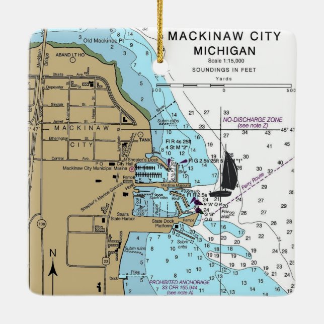 Nautiskt diagram för Mackinaw City MI Julgransprydnad Keramik (Baksida)