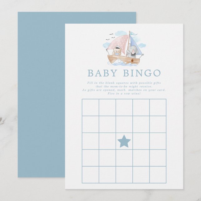 Nautiskt elefant Bear Boat Baby Shower Bingo Game Inbjudningar (Fram/baksida)