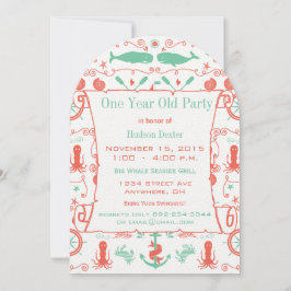 Nautiskt, ett år gammalt födelsedagskorallint inbjudningar