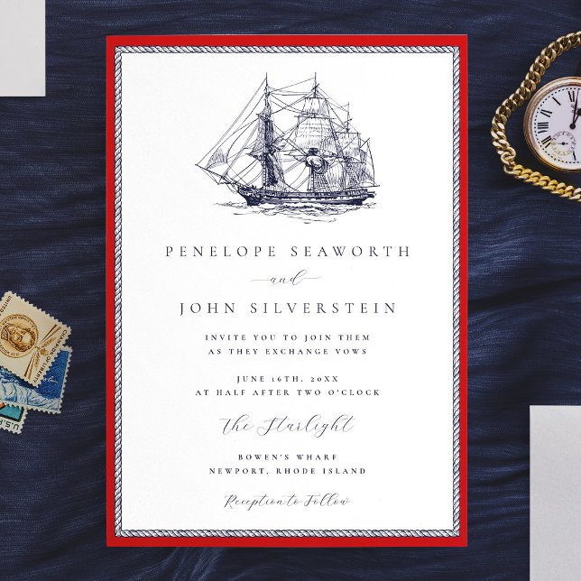 Nautiskt fartygs röd rep ram klassisk bröllop inbjudningar (Nautical Ship Red Rope Frame Classic Wedding Invitation)