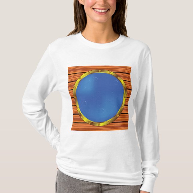 Nautiskt fartygsporthål med blått vatten t shirt (Framsida)