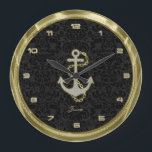 Nautiskt Fauxglitter ankrar svart bakgrund 2 Stor Klocka<br><div class="desc">För svart bakgrund för damaster entonighetvintage för eleganten ankrar numrerar blom- med vitglitter och guld- nautiskt och i det samma glitter. Guld tonar klippning. Den kalla bling väggen tar tid på. Designen är all bilder och inte någon sort av metalliskt fullföljande. Om du behöver någon hjälp som skräddarsy några av...</div>