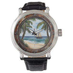 Nautiskt fönster Kustnära tillflykt Rustik strand Armbandsur