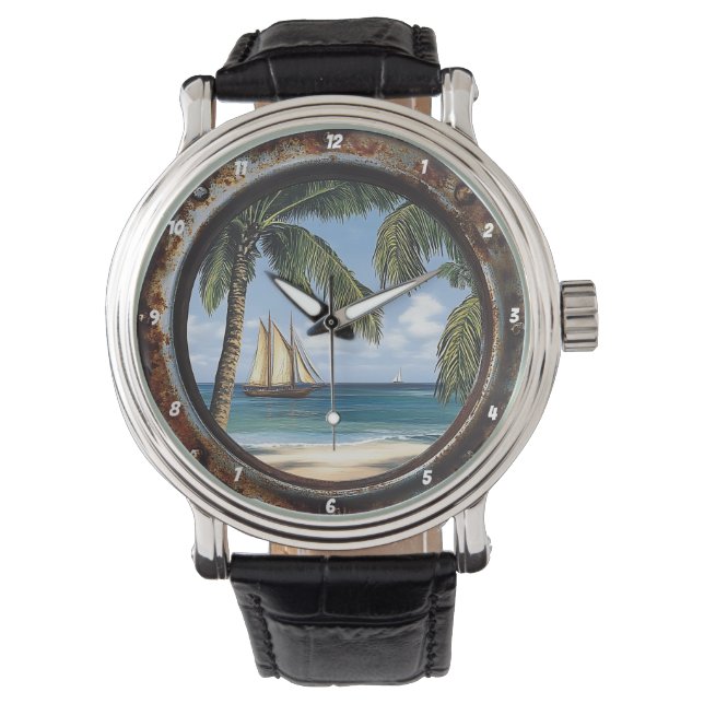 Nautiskt fönster Rustik Tropisk Segelbåt Armbandsur (Framsida)