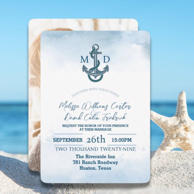 Nautiskt foto Bröllop i den blå änden i kuststrupe Inbjudningar (Coastal Beach Blue Anchor Nautical Photo Wedding Invitation)