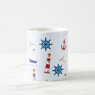 Nautiskt fyr, ankare, hjul, Fiskmås och båt Kaffemugg