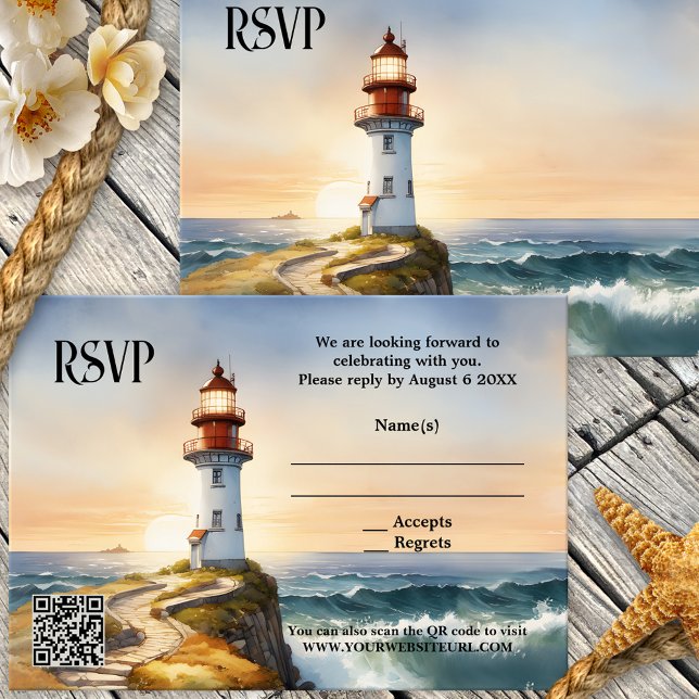 Nautiskt fyr-Bröllop OSA (Elegant wedding RSVP card featuring a watercolor painting of a lighthouse at sunset - with QR code)