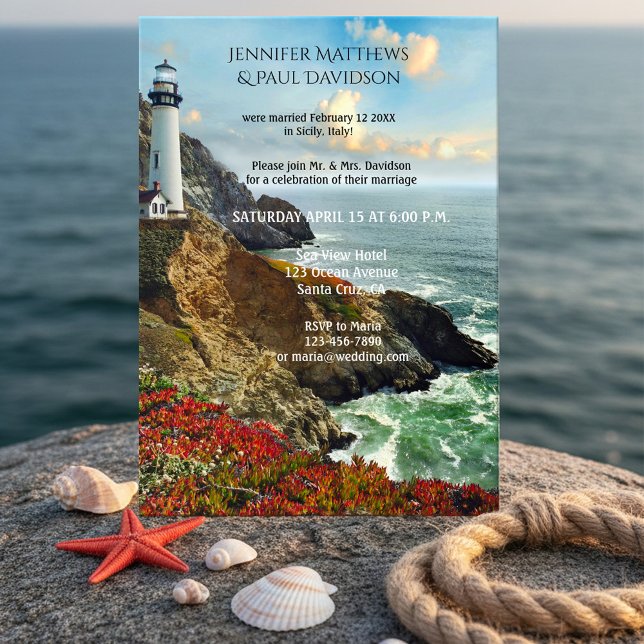 Nautiskt fyr efter bröllopsinbjudan inbjudningar (After wedding party invitation featuring a painting of a coast with a lighthouse in vibrant colors)