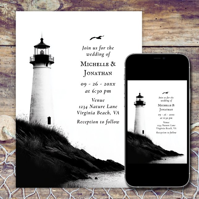 Nautiskt fyr i kustbanden Bröllop Inbjudningar (Coastal Beach Nautical Lighthouse Wedding Invitation)