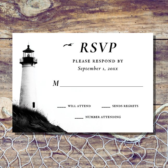 Nautiskt fyr i kustbanden Bröllop OSA Kort (Front - Coastal Beach Nautical Lighthouse Wedding RSVP Card)