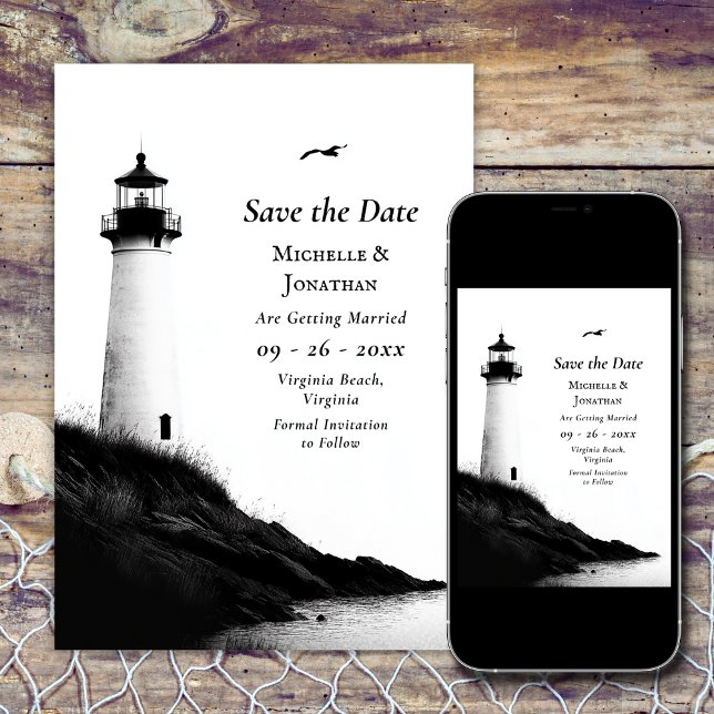 Nautiskt fyr i kustbanden Bröllop Spara Datumet (Coastal Beach Nautical Lighthouse Wedding Save The Date)