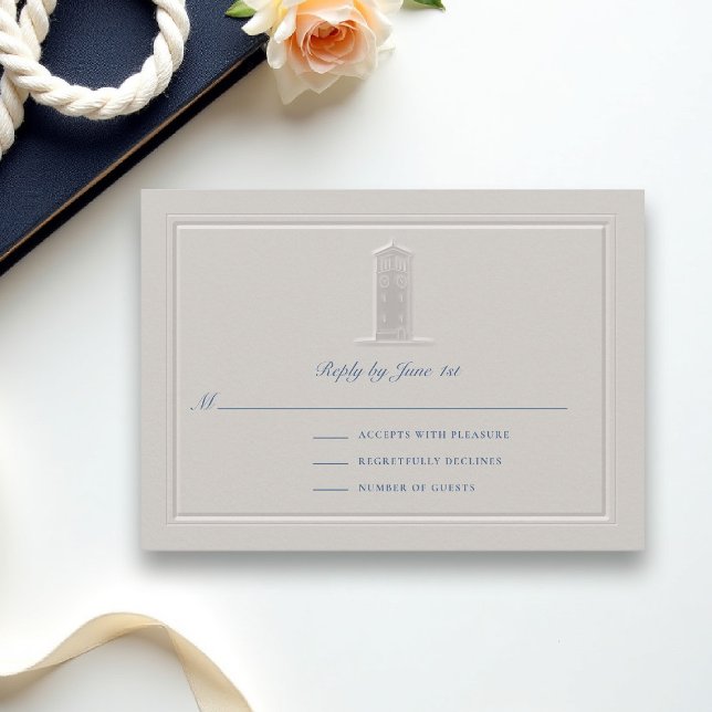 Nautiskt fyr kust formellt bröllop RSVP (coastal wedding rsvp lighthouse formal traditional double frame modern classic elegant ivory)