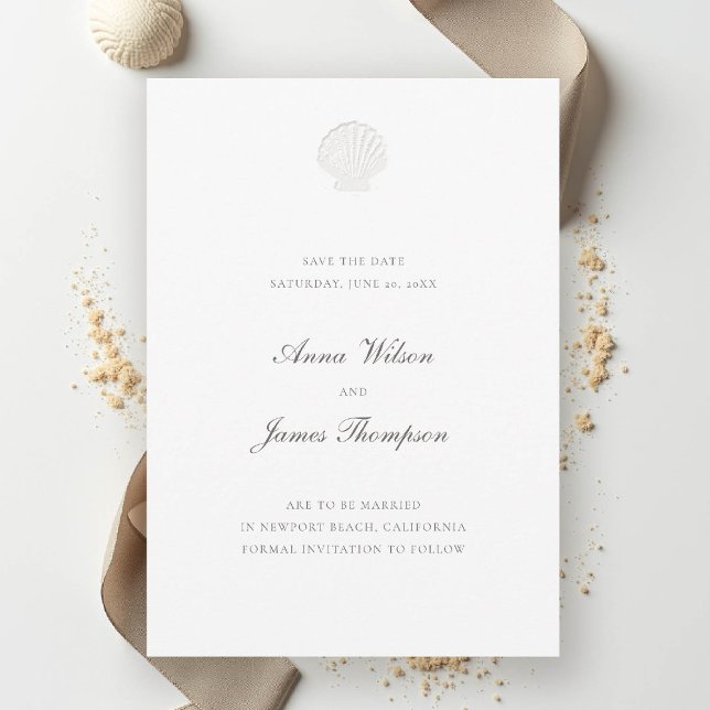 Nautiskt havsgränssnitt, klassiskt, rent Bröllop Spara Datumet (nautical wedding save the date modern classic formal traditional shell elegant pure white)