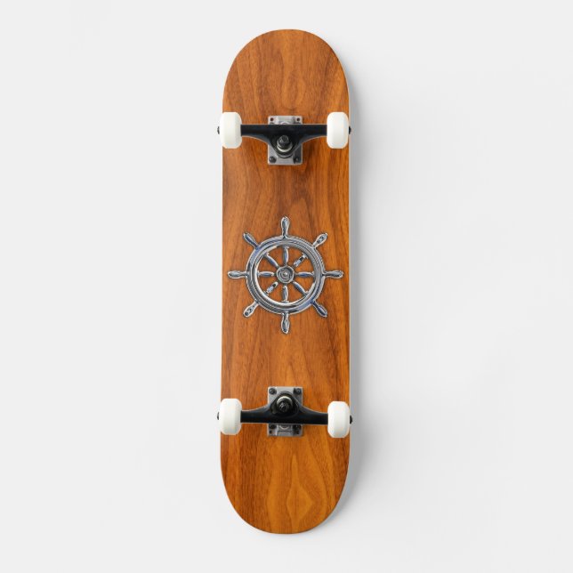 Nautiskt hjul i Chrome Stil på Teak Veneer Mini Skateboard Bräda 18,5 Cm (Framsida)