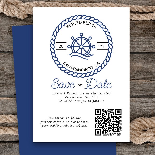 Nautiskt hjul QR-kort Bröllop spara datum Datumet (Nautical Wedding Save the Date Card with QR Code)