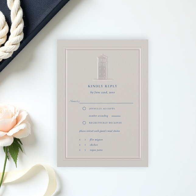 Nautiskt kustnära klocktorn formellt bröllops-svar (coastal wedding rsvp card formal traditional double frame modern classic ivory bell tower)