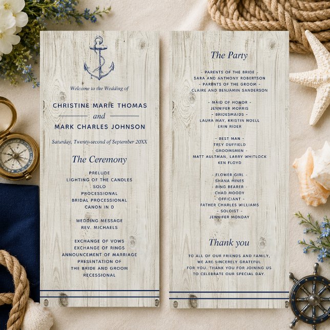 Nautiskt Marin Ankare Rustik Trä Bröllop Program (A nautical-themed program perfect for beach weddings and weddings by the sea! )