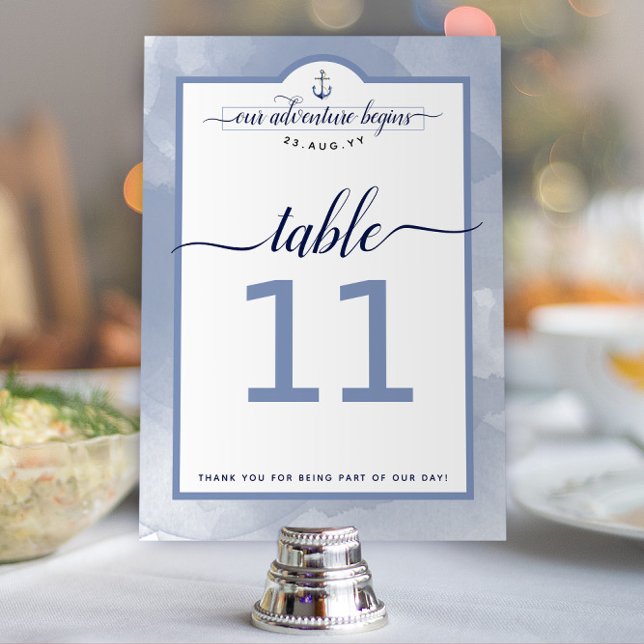 Nautiskt marin stålblått akvarell-hustruväktarbröl bordsnummer (Nautical Dusty Blue Watercolor Event / Wedding Table Numbers)
