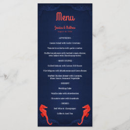 Nautiskt marinblå korall sjöhästar strandbröllop meny