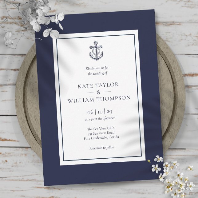 Nautiskt marinblå och vit ankare bröllop inbjudningar (Nautical Navy Blue And White Anchor Wedding Invitation)