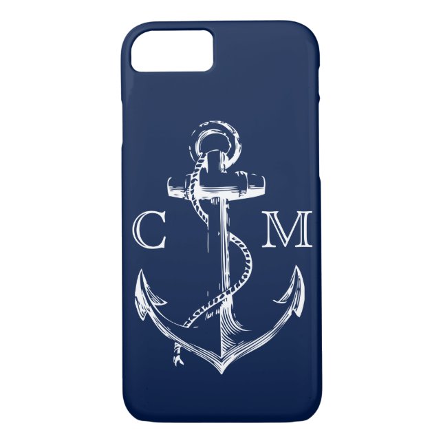 Nautiskt marinblått skissar ankrar Monogrammed | Case-Mate iPhone Skal (Baksida)