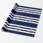 Nautiskt marinblått vitrandguld ankrar presentpapper<br><div class="desc">Använd dessa unika slående in papper för något tillfälle.  Nautiska bröllop,  baby shower,  födelsedagen,  partyet,  händelser,  ... .. marinblått och vit för tema görar randig med guld ankrar.  Perfekten för inpackning av gåvor,  framlägger,  favörer,  hantverk,  möblemang,  bordspringer,  täcker…., </div>