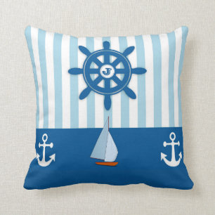 Nautiskt monogram för blå och vit strand kudde