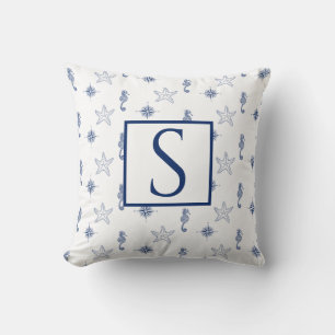 Nautiskt monogram Seahorse Starfish Navy Blue Kudde