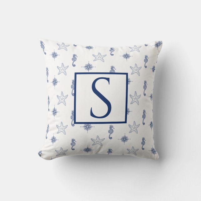 Nautiskt monogram Seahorse Starfish Navy Blue Kudde (Framsida)
