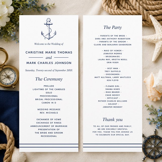 Nautiskt Navy Ankare Bröllop Program (A nautical themed program perfect for beach weddings and weddings by the sea! )