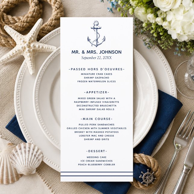Nautiskt Navy Ankare Sido Bröllop Meny (A nautical themed menu perfect for beach weddings and weddings by the sea! )