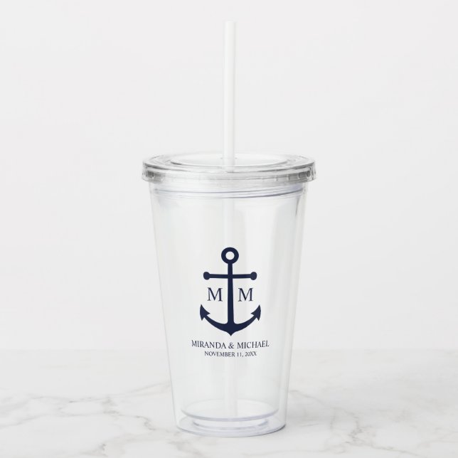 Nautiskt Navy Blå Ankare Bröllop Take Away Mugg (Framsida)