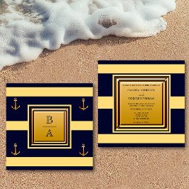 Nautiskt Navy Blå Gula Ränder Ankare Bröllop Inbjudningar