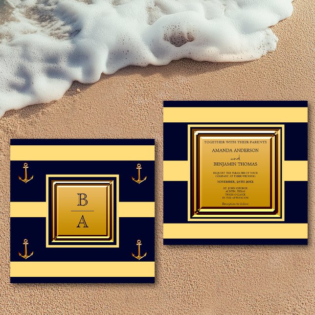 Nautiskt Navy Blå Gula Ränder Ankare Bröllop Inbjudningar (Skapare uppladdad)
