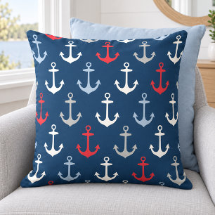 Nautiskt Navy Rött Ankar Mönster Kudde