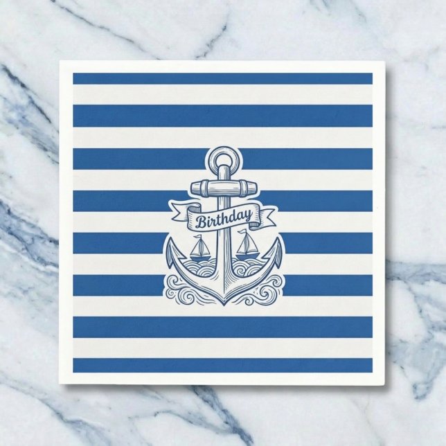Nautiskt Randigt Ankare Födelsedag Pappersservett (Classic stripes for your celebration.)