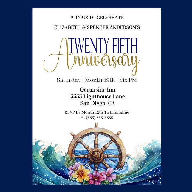 Nautiskt Rattstyre 25-års Bröllopsdag Inbjudningar (Nautical 25th wedding anniversary invitation with ship wheel, ocean waves, and tropical flowers )