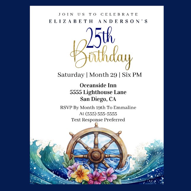Nautiskt Rattstyre 25-årsjubileum Inbjudningar (Nautical sailing wheel 25th birthday invitation with ocean waves and tropical flowers
)