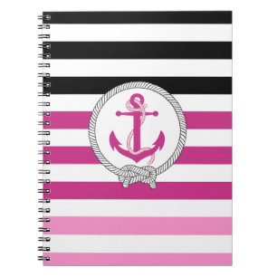 Nautiskt rosa ankare/marinknot/svart rand anteckningsbok