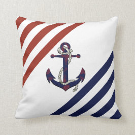 Nautiskt rostigt blått ankare/rep/rött/vitt rand kudde