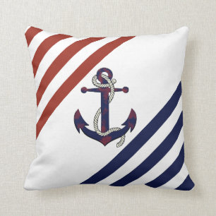 Nautiskt rostigt blått ankare/rep/rött/vitt rand kudde