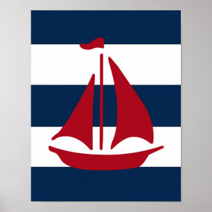 Nautiskt rött segelbåttryck, marin och vit poster