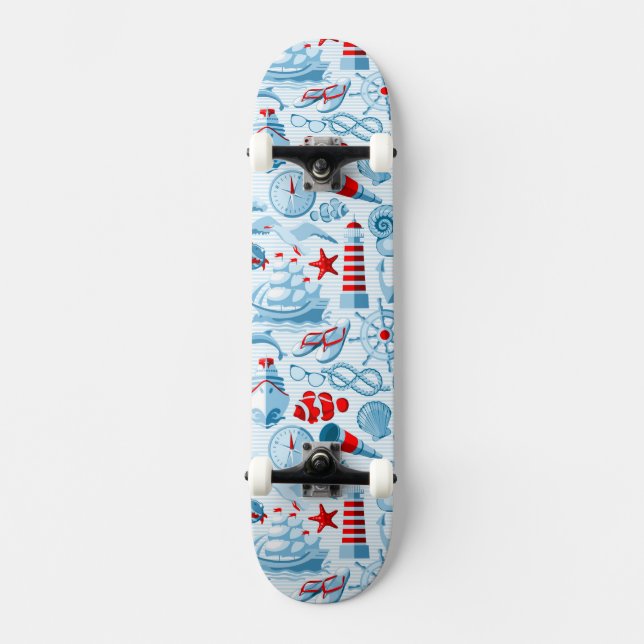 Nautiskt rött vit- och blåttmönster mini skateboard bräda 18,5 cm (Framsida)