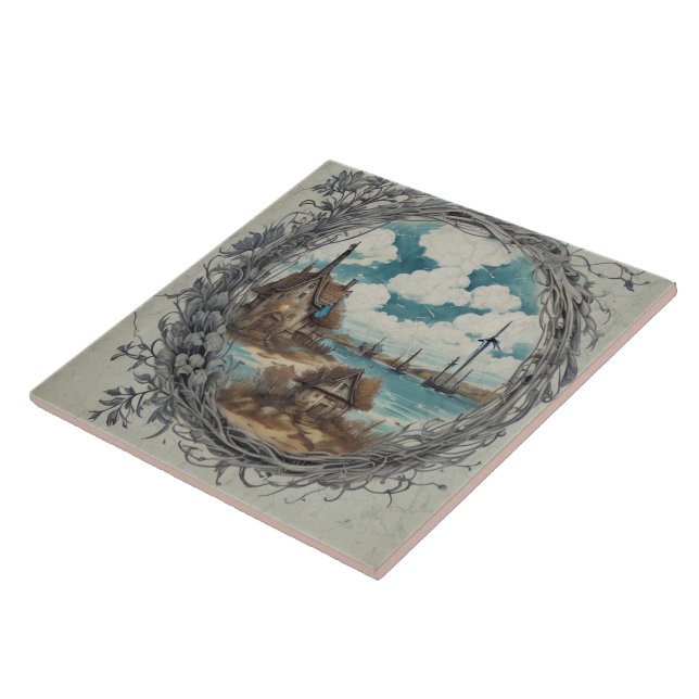 Nautiskt Sjölandskap Oljemålning nr 10 Kakelplatta (Sidan)