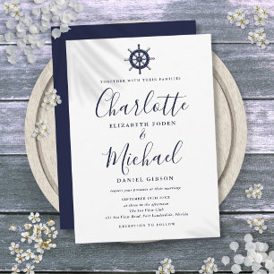 Nautiskt skeppsratt Navy Blue Script Bröllop Inbjudningar