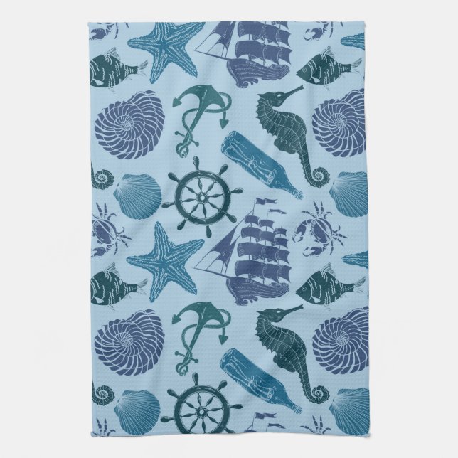 Nautiskt skuggar av blåttmönster kökshandduk (Vertikal)