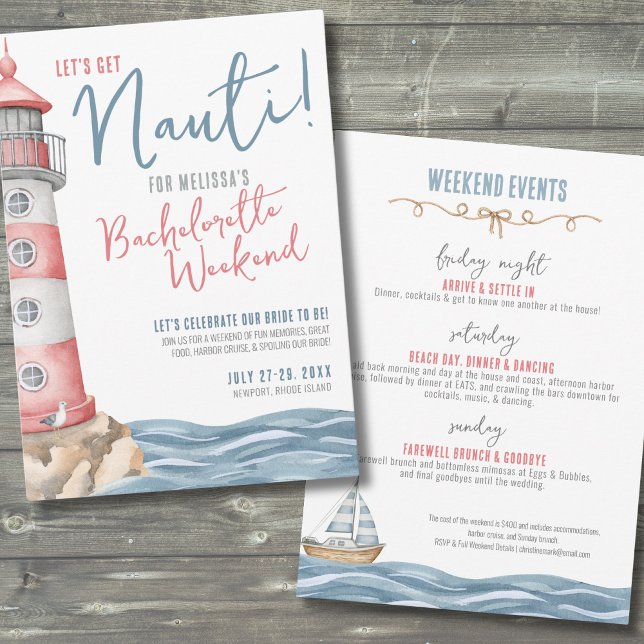 Nautiskt Summer Bachelorette Party Inbjudningar (Let's Get Nauti Beach Nautical Bachelorette Party Invitation)