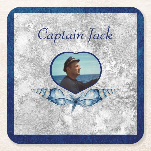 Nautiskt tema Blå foto-Snäckor, vattenfärg Underlägg Papper Kvadrat (Framsidan)