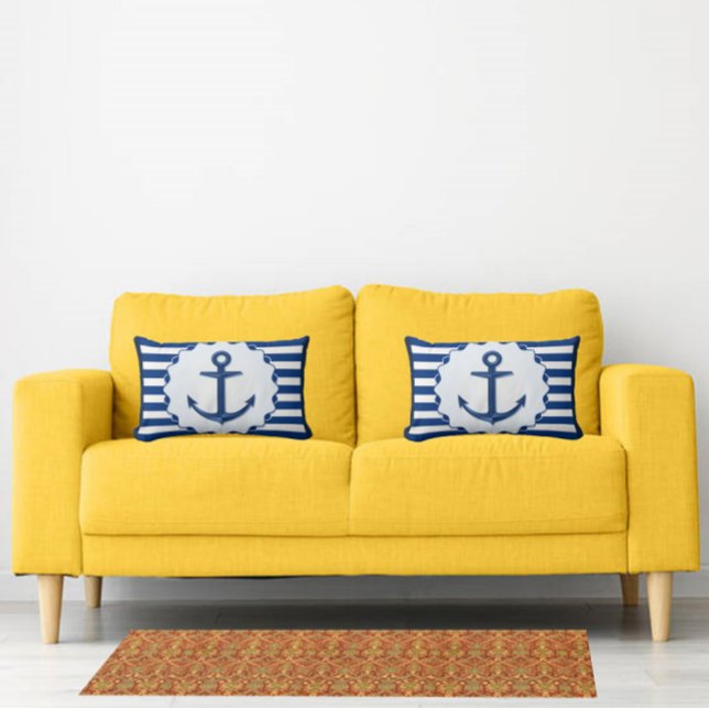 Nautiskt tema Blue White Anchor Marine Rand Prydnadskudde (Skapare uppladdad)