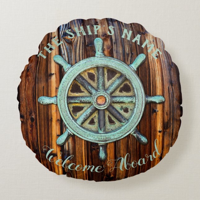 Nautiskt tema Bronze Captains Wheel Rund Kudde (Framsidan)